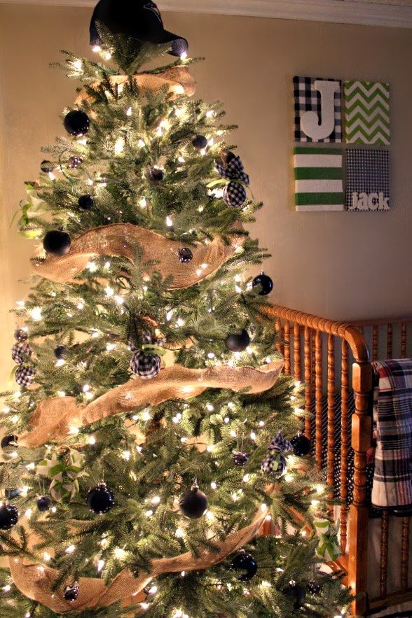 A boyish Christmas tree! Perfect for a little boy's room or a nursery! Love the baseball hat at the top.