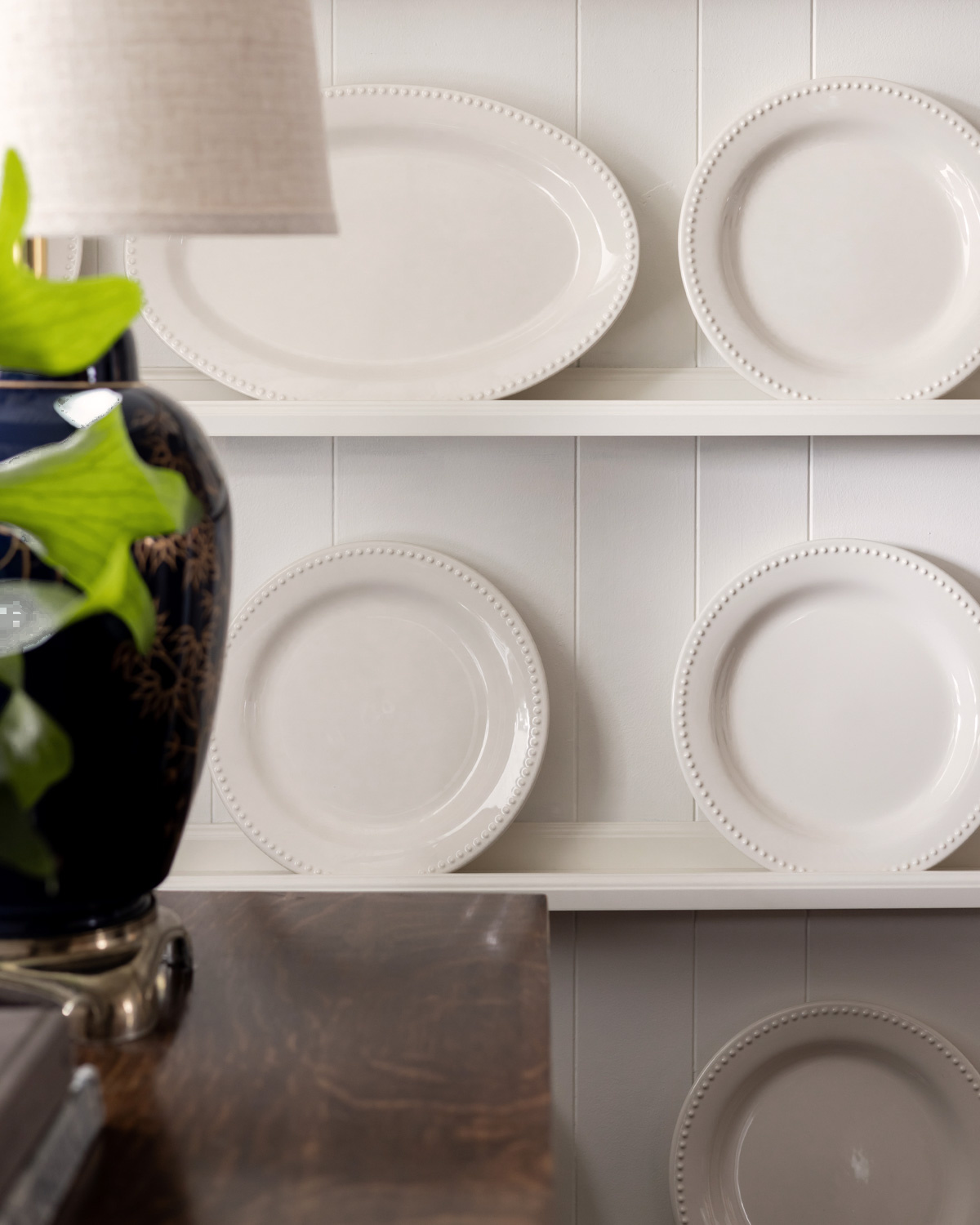 Close up view of the dining room plate rack.
