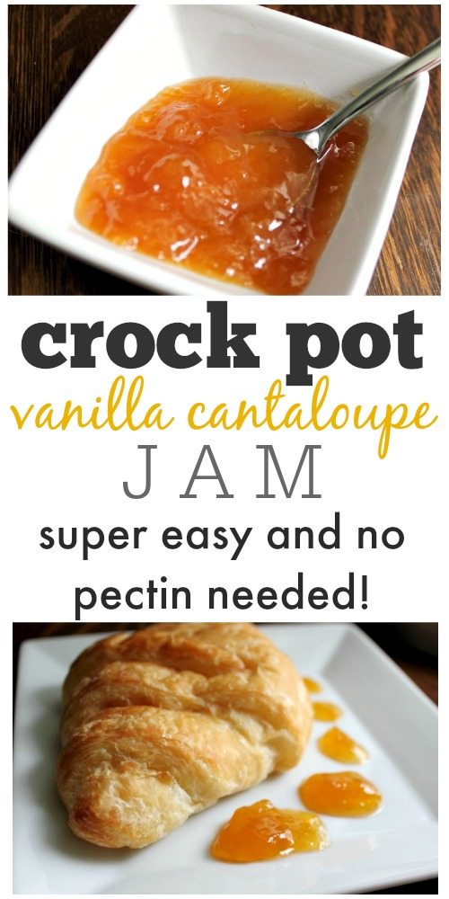 Make your own jam in the crock pot! This vanilla cantaloupe jam recipe is delicious as an appetizer with cream cheese on a cracker, or just on toast!