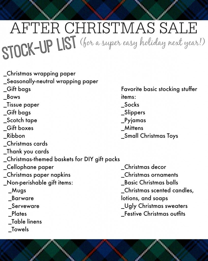 After Christmas Stock Up - A great free printable list that you can take with you to the store! Why not get ready now for an easier Christmas next year and save some money too?