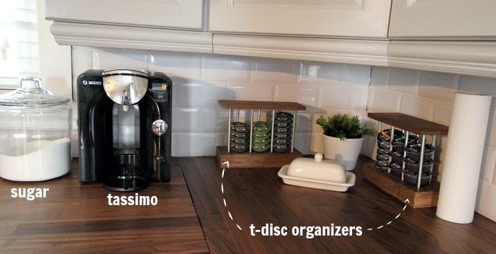 DIY Tassimo T-Disc Organizer for single-serve coffee pods. Love how functional this storage idea is and that it can be customized to match any type of kitchen decor! 