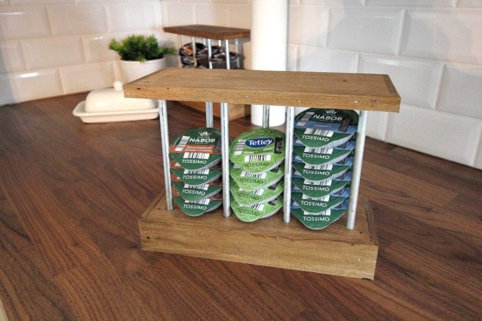 DIY Tassimo T-Disc Organizer for single-serve coffee pods. Love how functional this storage idea is and that it can be customized to match any type of kitchen decor! 
