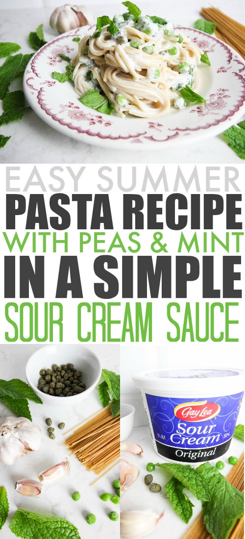 Delicious, simple early summer pasta recipe with an easy sour cream sauce! #BornOnTheFarm #ad
