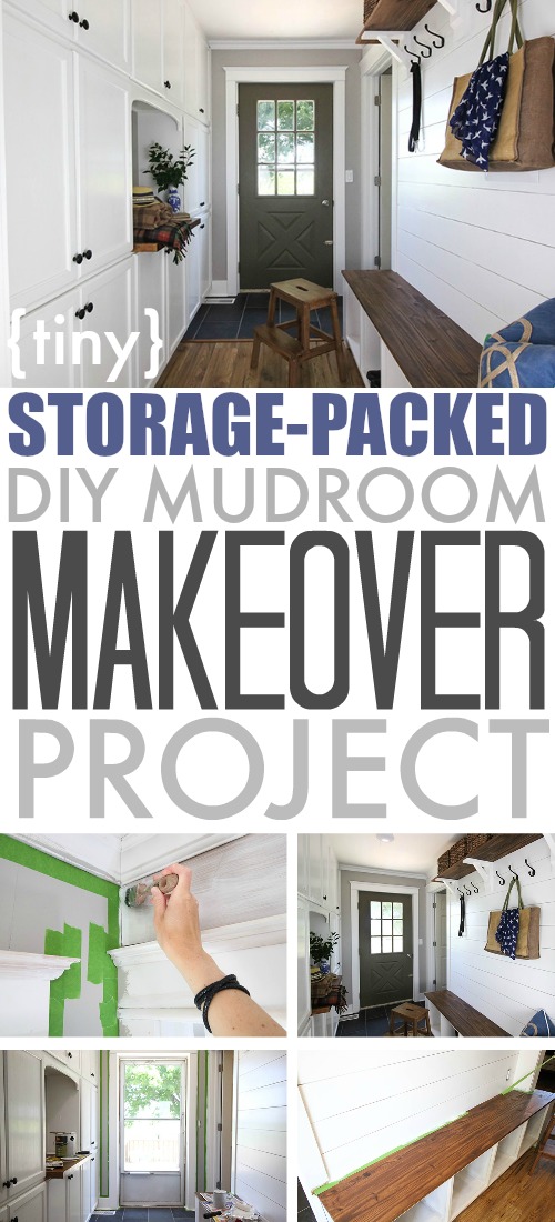 This tiny DIY mudroom is just filled with storage from top to bottom! #ad #FrogTape #2017DesignTrends