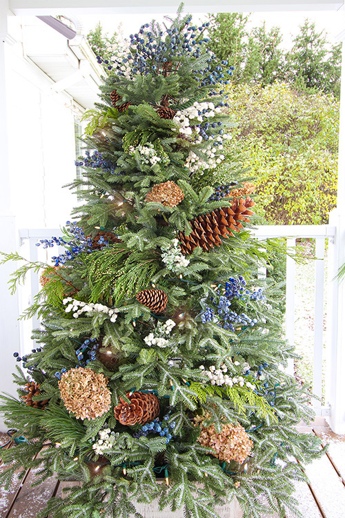 An outdoor Christmas tree on the porch.