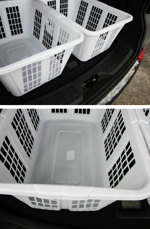 Simple trunk organization solutions with plastic laundry baskets.