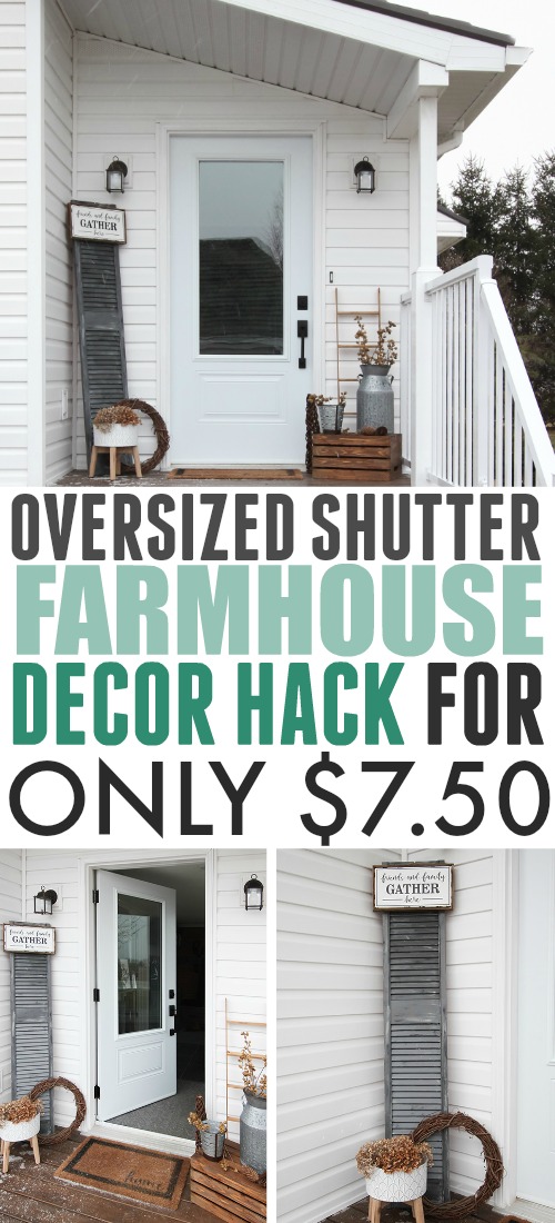 This oversized shutter farmhouse decor idea is a great way to fill a boring blank wall in your home, on your porch, or even in your garden!