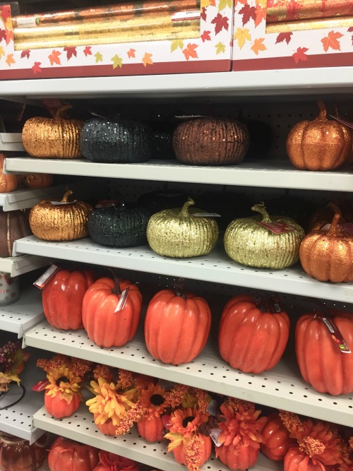 Faux pumpkins on a shelf at the dollar store.