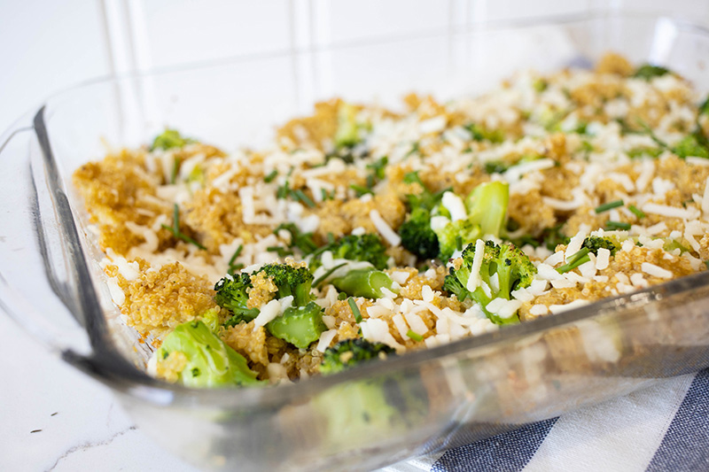 Try this plant-based quinoa, broccoli, and cheese casserole for an easy, super-healthy meal when you really just want some good old fashioned comfort food.