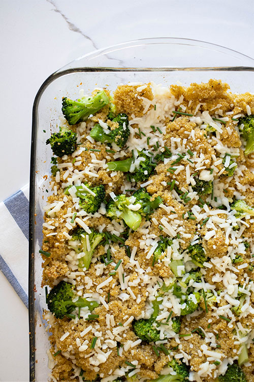 Try this plant-based quinoa, broccoli, and cheese casserole for an easy, super-healthy meal when you really just want some good old fashioned comfort food.