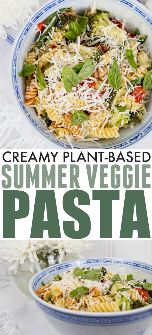 I've been making this creamy plant-based pasta over and over again this summer. Sometimes I switch the veggies up a little bit, but it never disappoints!