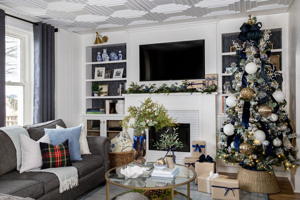 Blue and White Christmas Decor in Our Living Room The Creek Line House