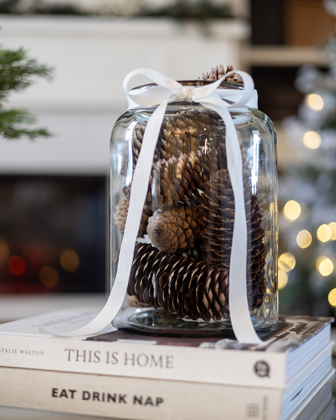 Gathered pinecones displayed in a vase make a sweet and simple addition to holiday decorations.