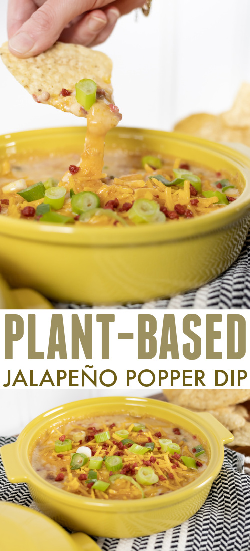 Try this plant-based jalapeño popper dip recipe for your next potluck, gathering, or game day! This is one that everyone - plant-based or not - can enjoy together!