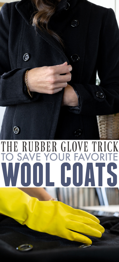 The best trick for how to remove lint and fuzz from a wool coat! Here's my new favourite rubber glove trick for wool coats.