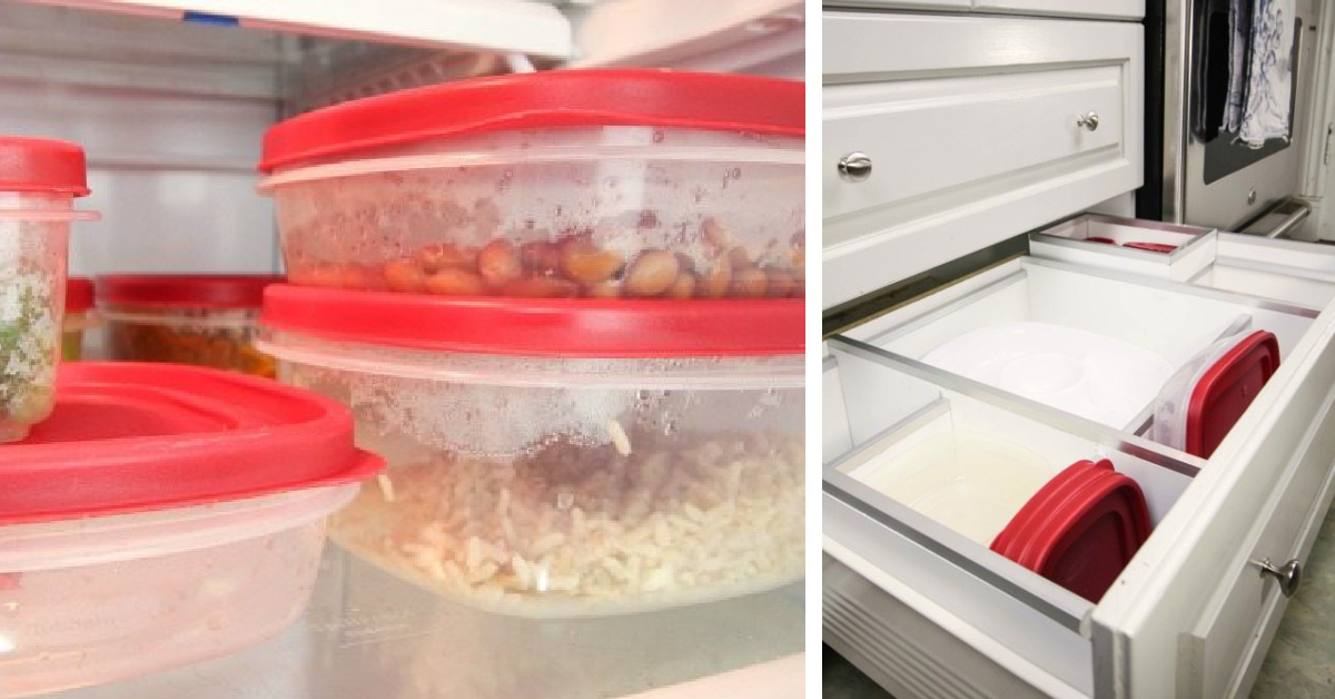 Clean plastic food containers with denture tablets.
