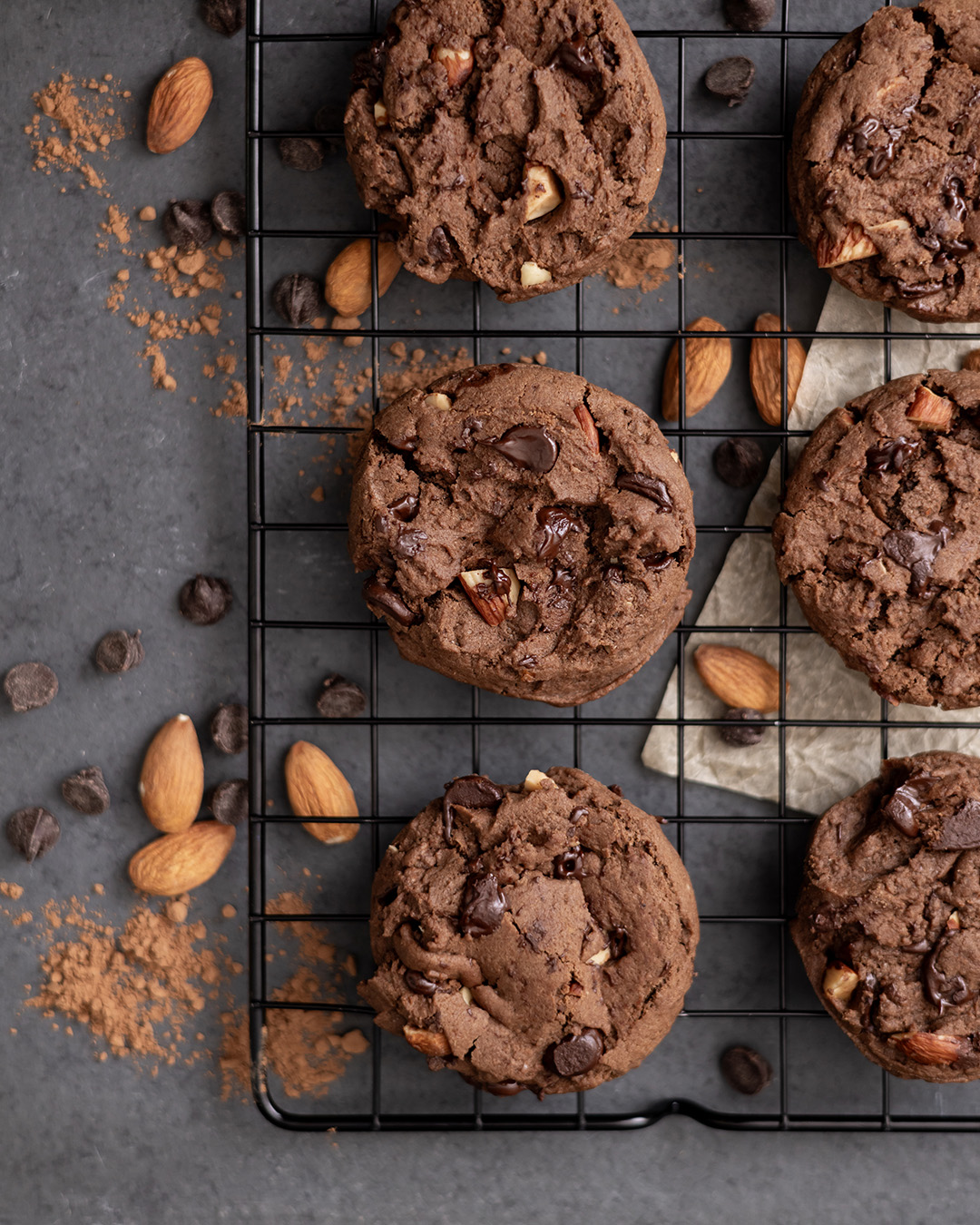 Indulgent and dark double chocolate chip cookies with roasted almonds.