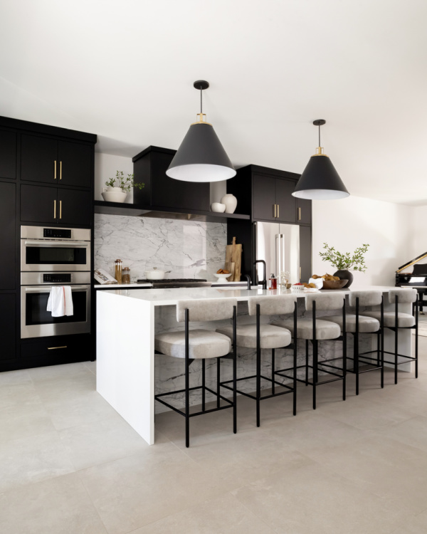 Modern traditional black kitchen with waterfall island
