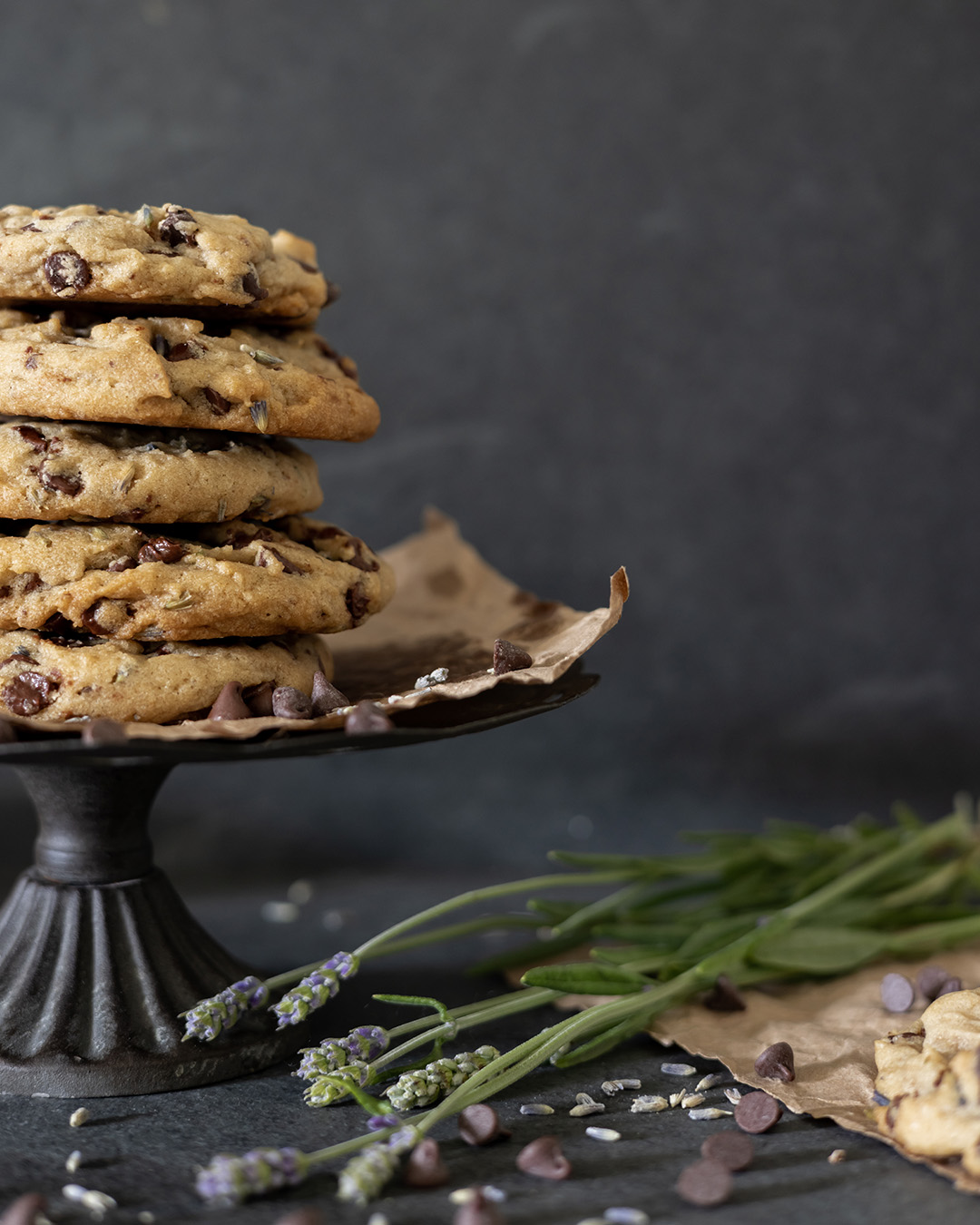 These lavender chocolate chip cookies are a bit of a fancy, unexpected variation on the classic chocolate chip cookie. Perfect for special summer get-togethers or to elevate your afternoon iced coffee break.