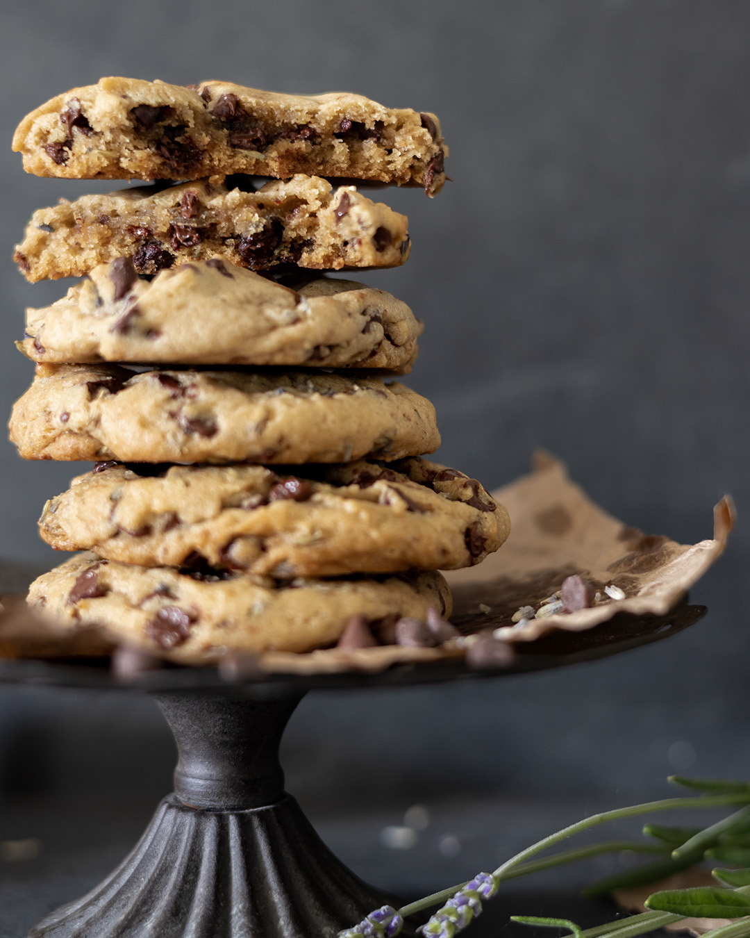These lavender chocolate chip cookies are a bit of a fancy, unexpected variation on the classic chocolate chip cookie. Perfect for special summer get-togethers or to elevate your afternoon iced coffee break.