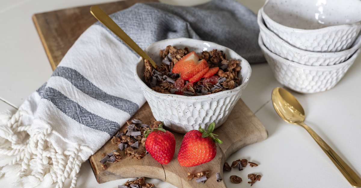 Homemade strawberry chocolate granola in a bowl ready to eat.