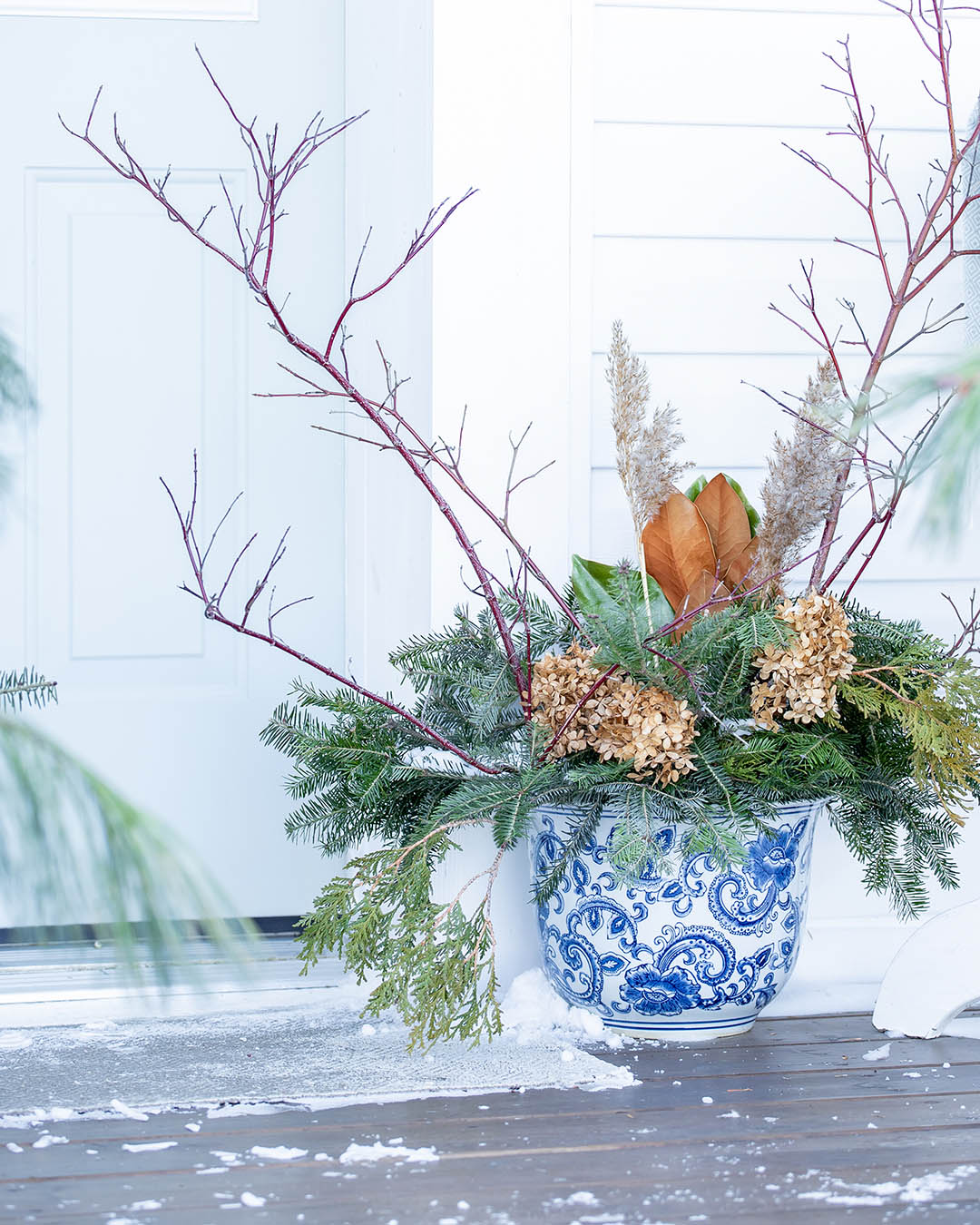 Blue and white ceramic planter for Christmas.