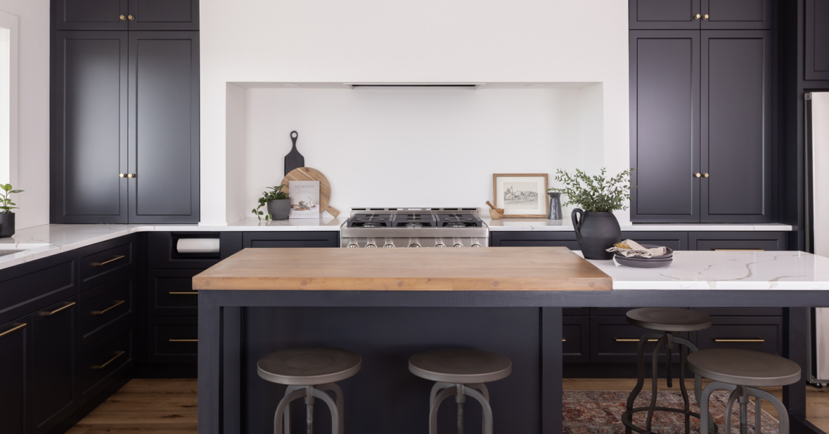 Bold black kitchen with an industrial farmhouse feel.