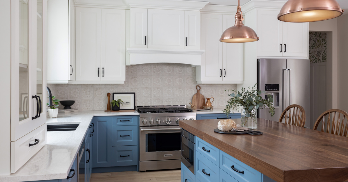 Traditional bright blue and white kitchen.