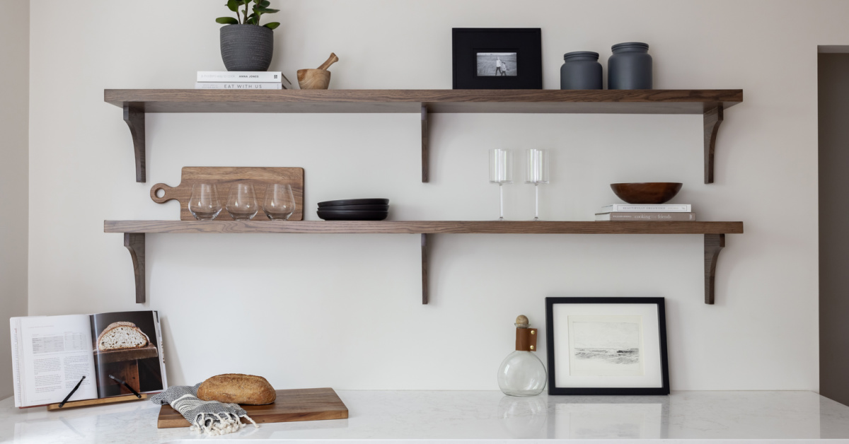 An english country-inspired wall of open shelves.