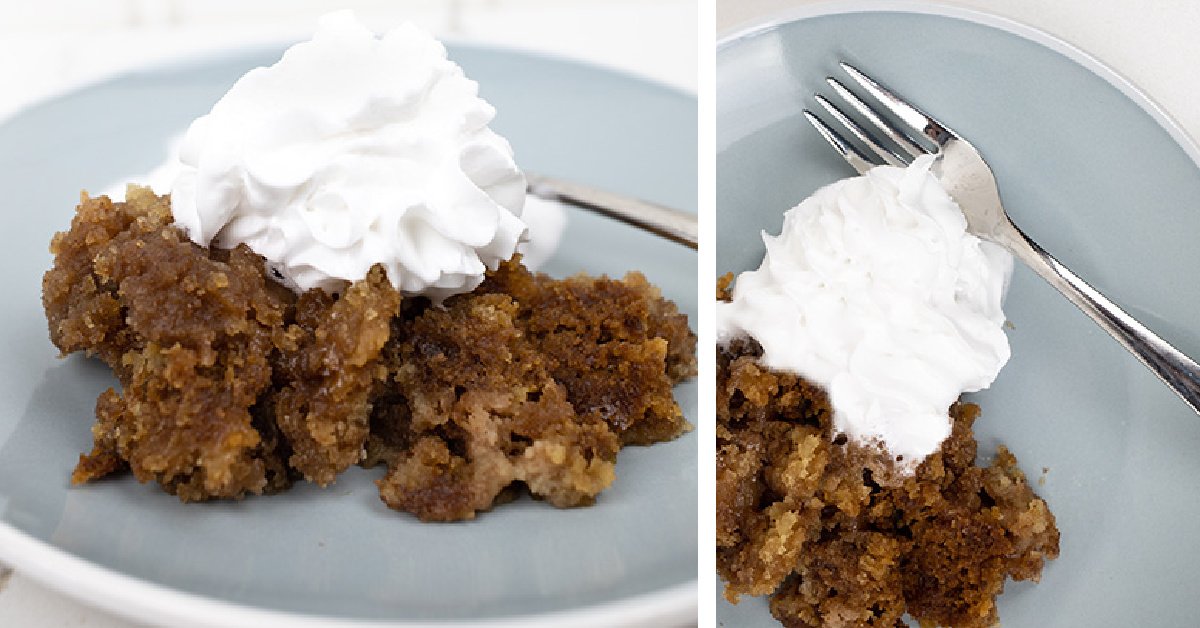 Details of a serving of apple pie dump cake.