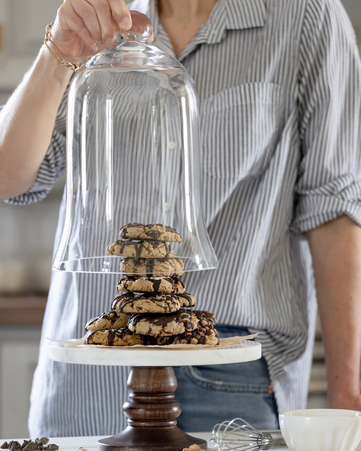 Stacked cookies on a riser.