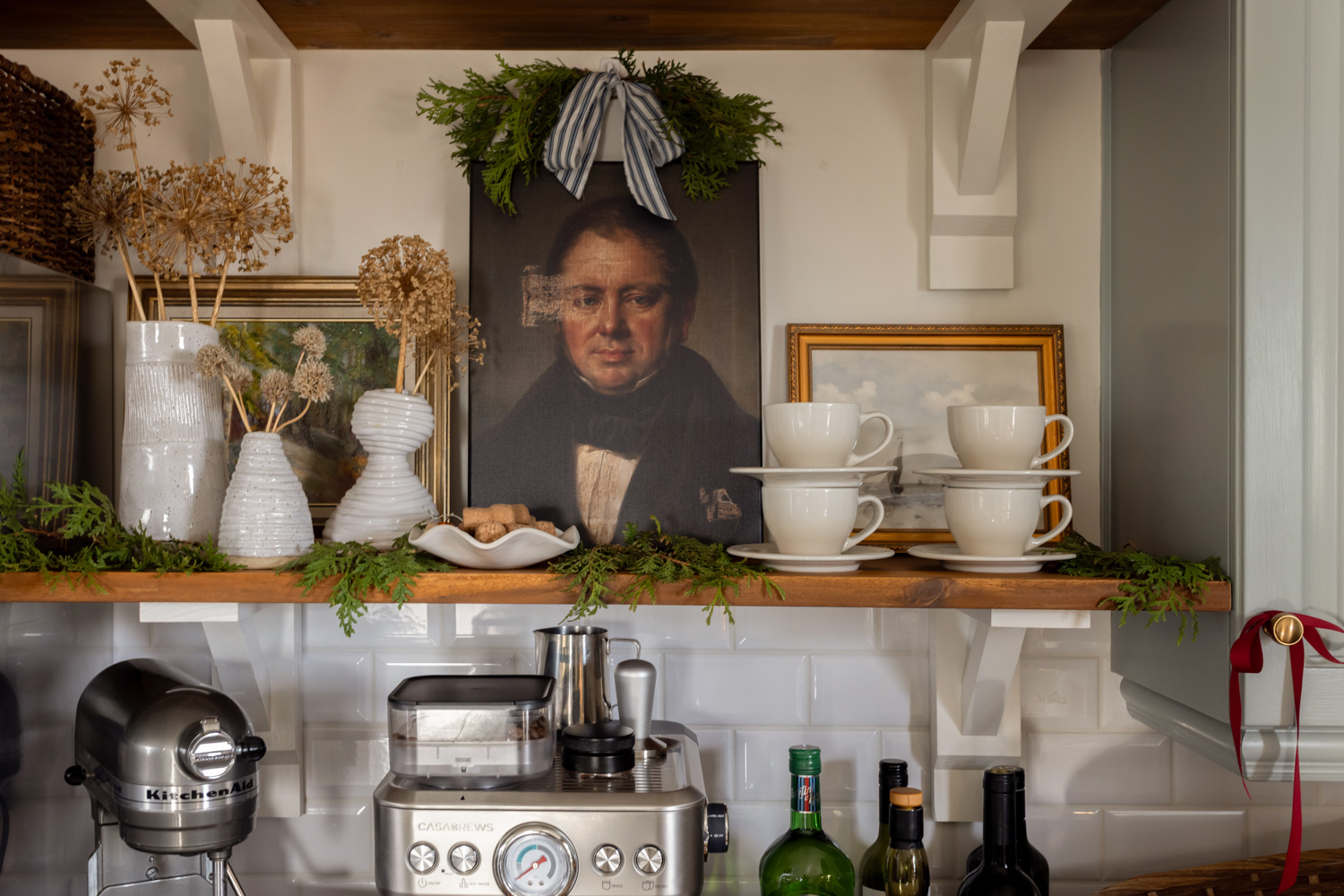 The coffee bar in our English Country style Christmas kitchen with blue cabinets.