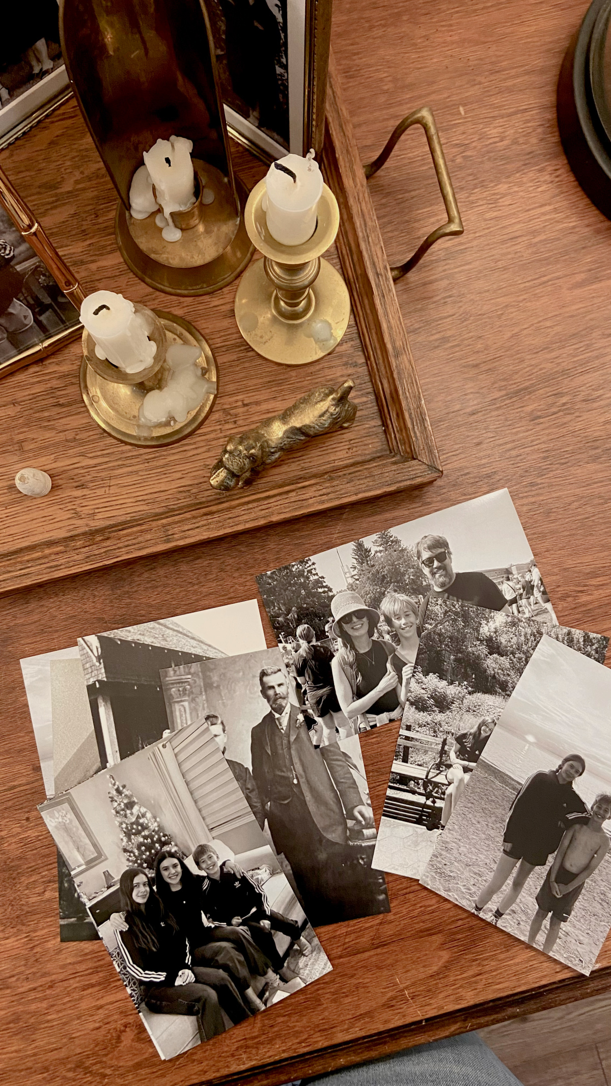Black and white family photos on my desk.