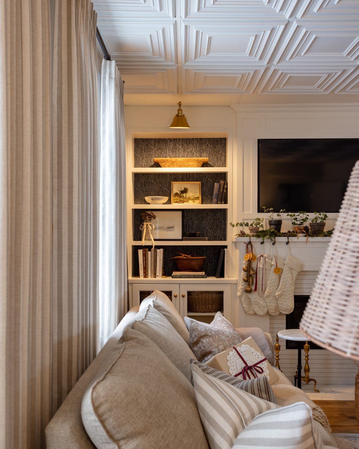 New striped curtains in the living room.