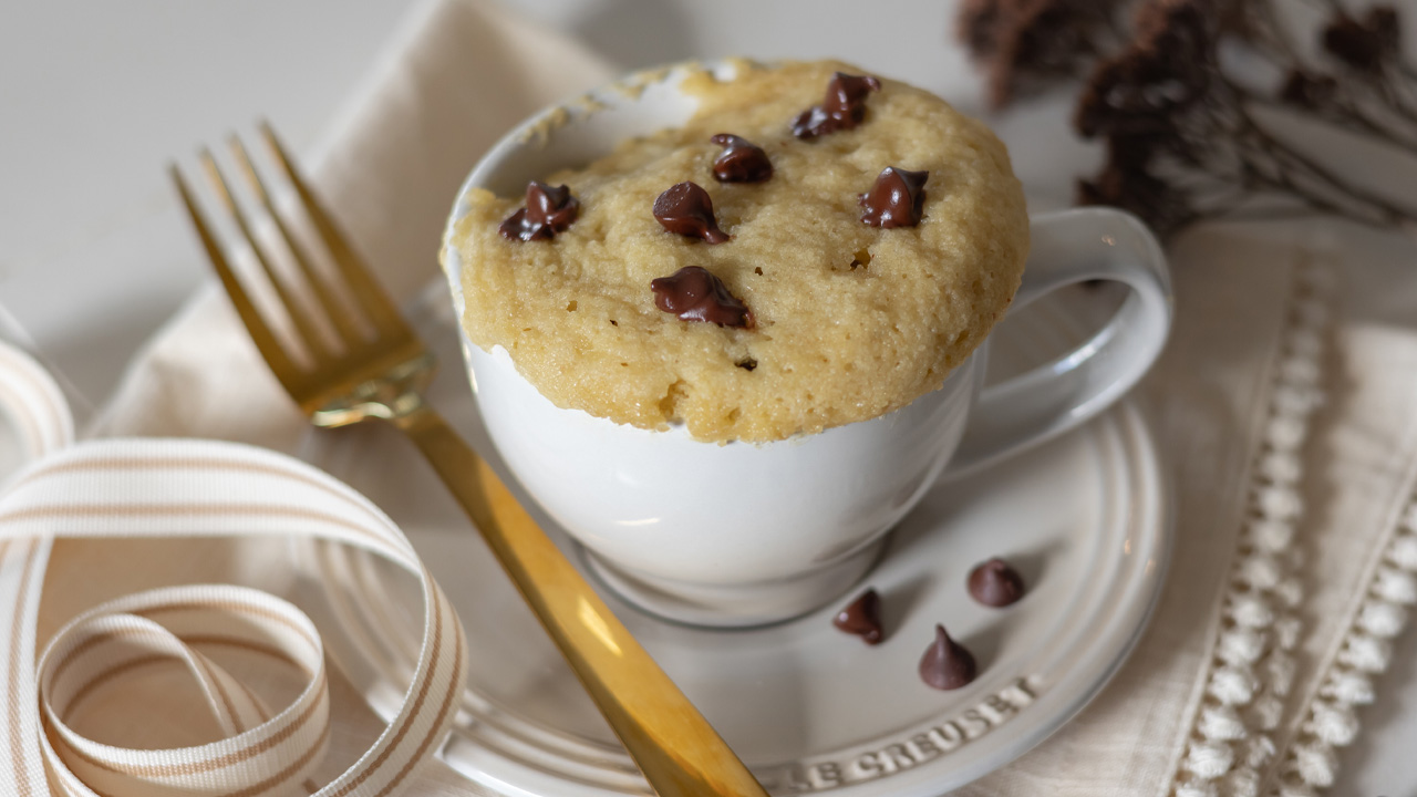 Almond flour mug cake with chocolate chips.