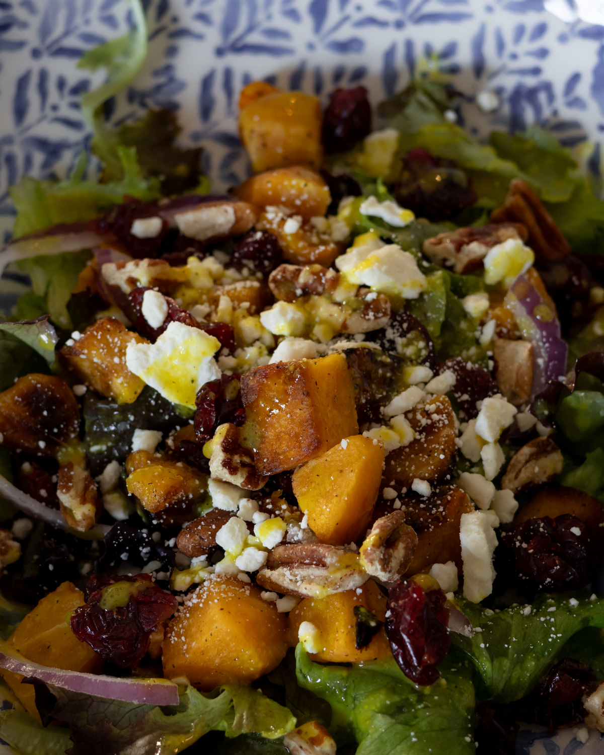 Detailed view of the assembled roasted butternut squash salad.