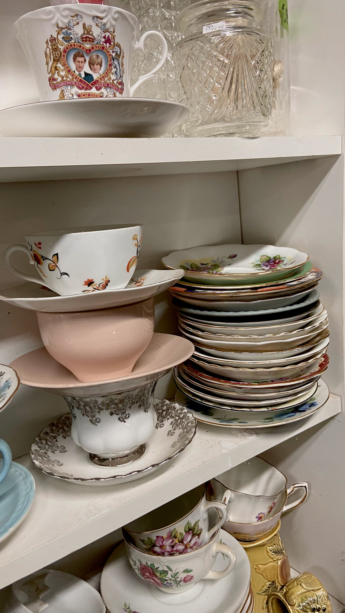 Stacks and stacks of china teacups in one section of the antiques shop.