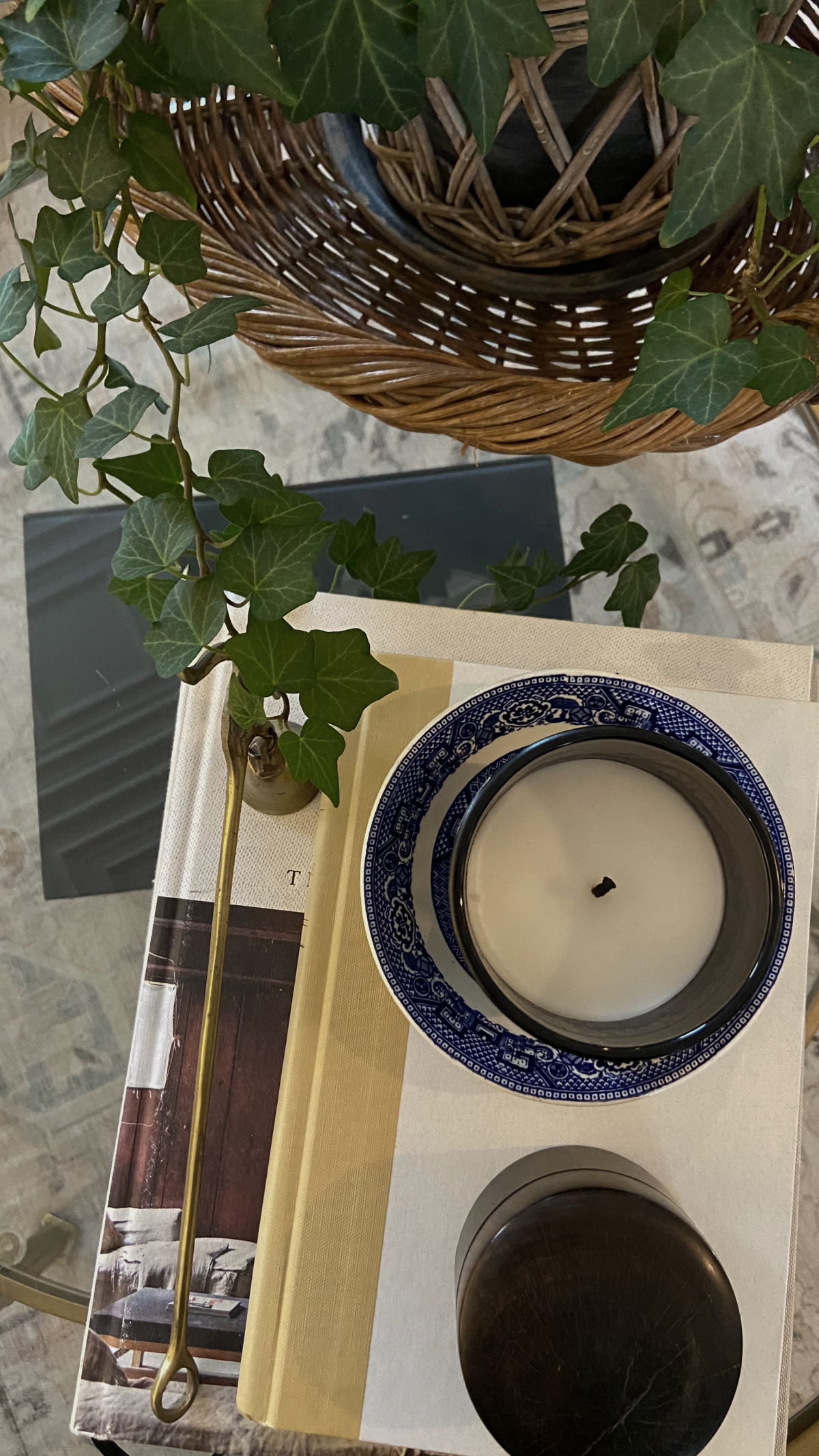 vintage transfer ware used as a candle tray.