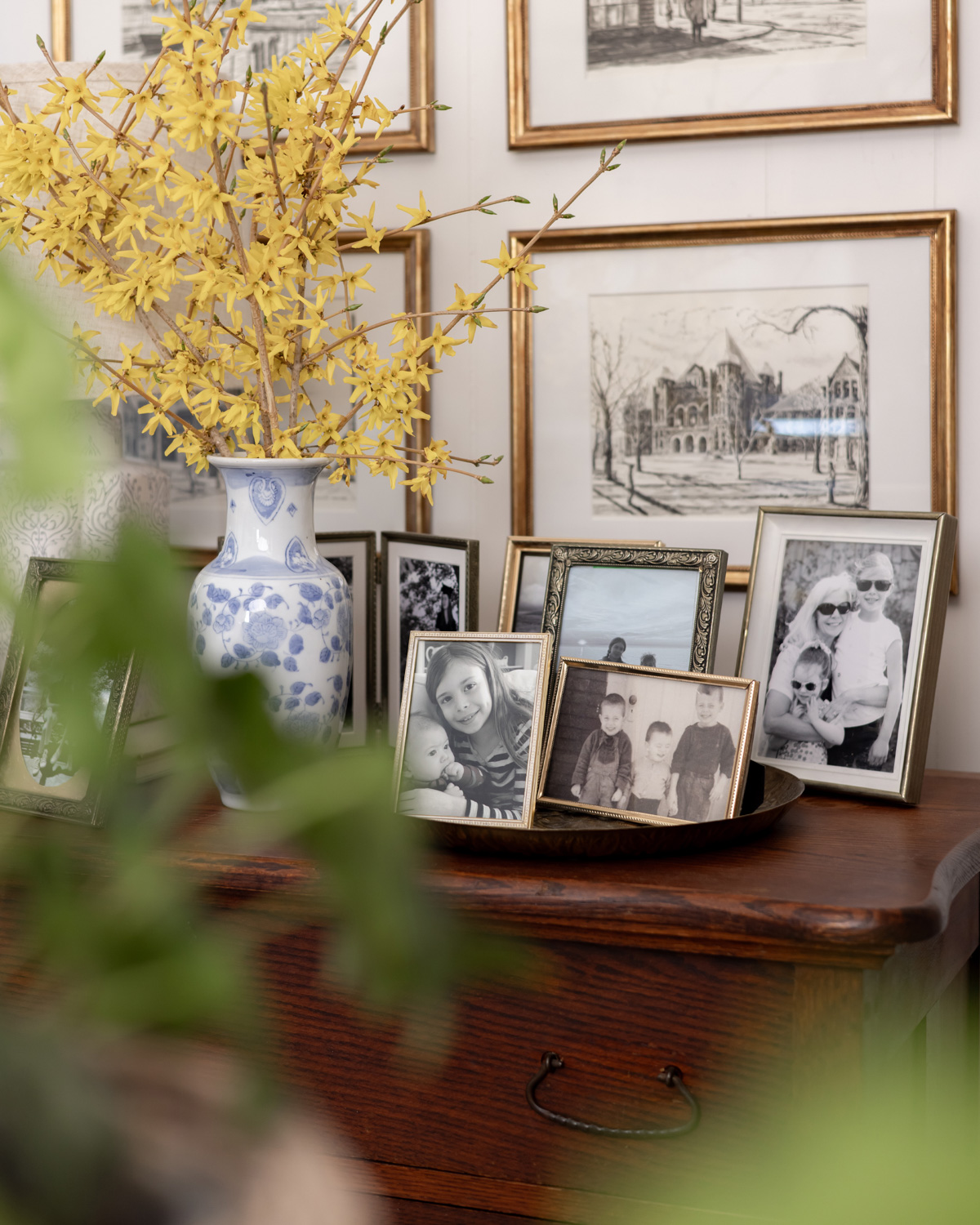 Thrifted pictures frames work beautifully in an English country style home.