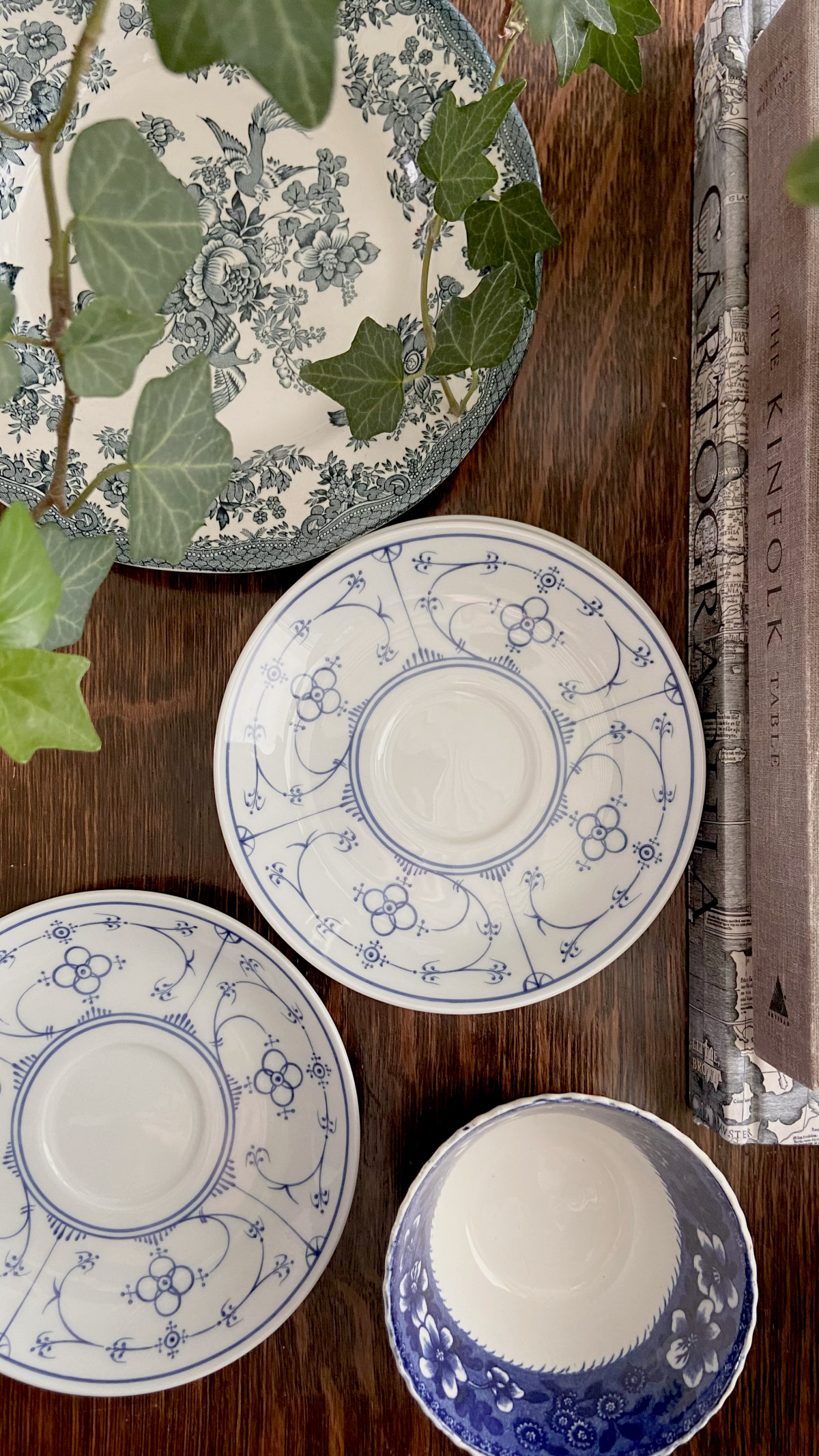 Blue and white plates and dishes for decor.