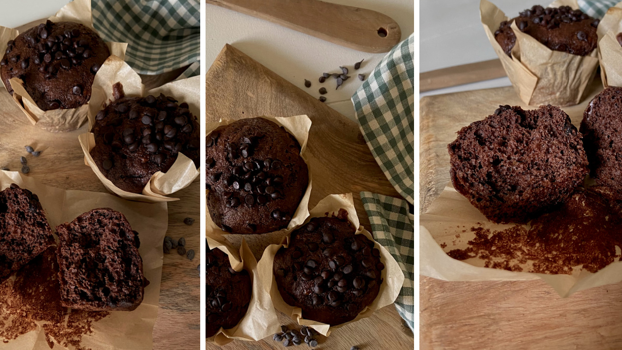 Easy 3-Ingredient Chocolate Banana Muffins.