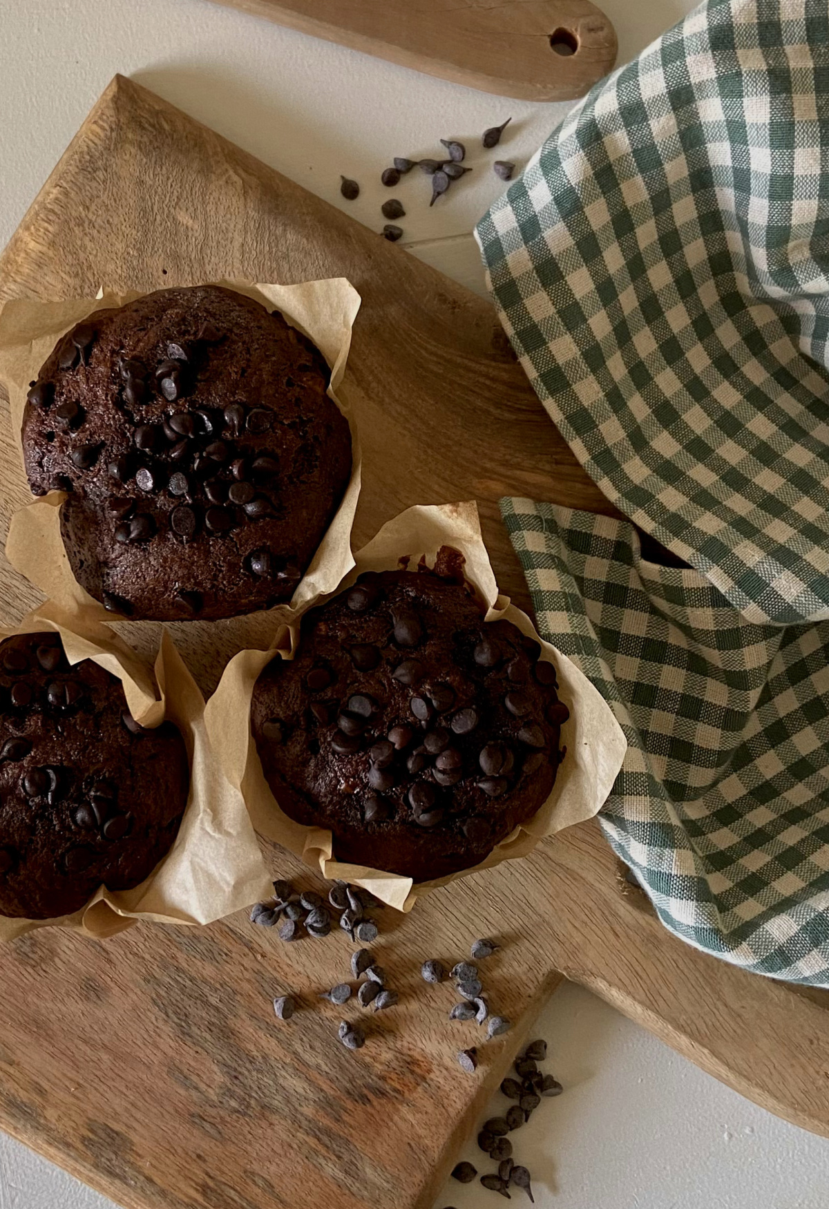 Chocolate banana muffins made with cake mix.