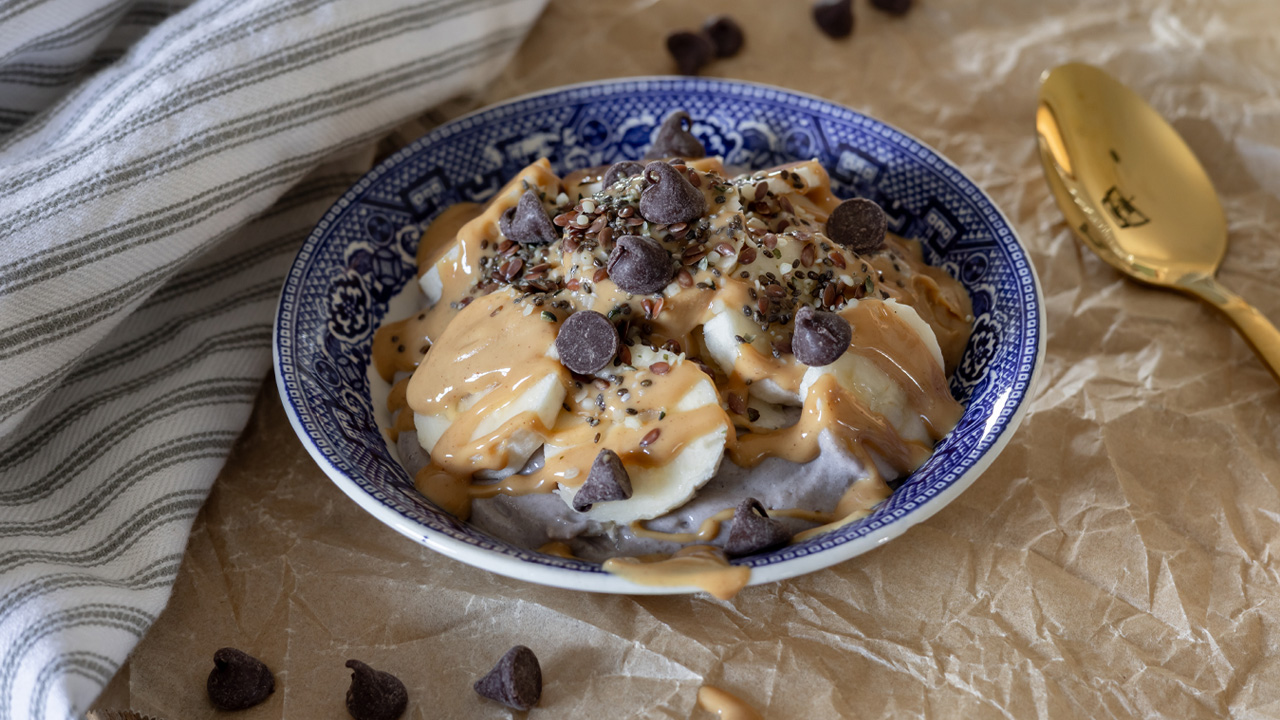 High protein banana chocolate peanut butter yogurt parfait.