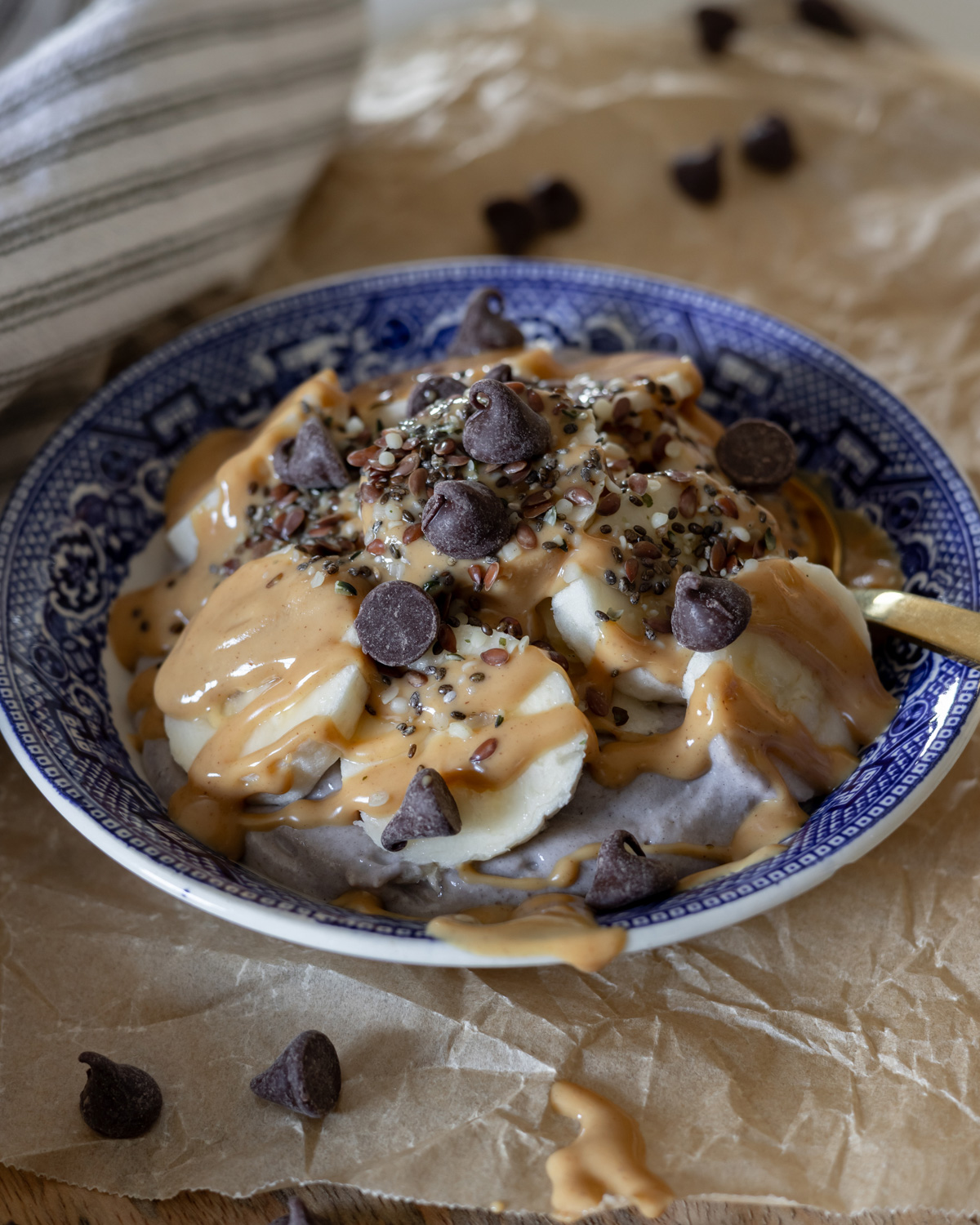 delicious and healthy chunky monkey yogurt parfait with protein powder.