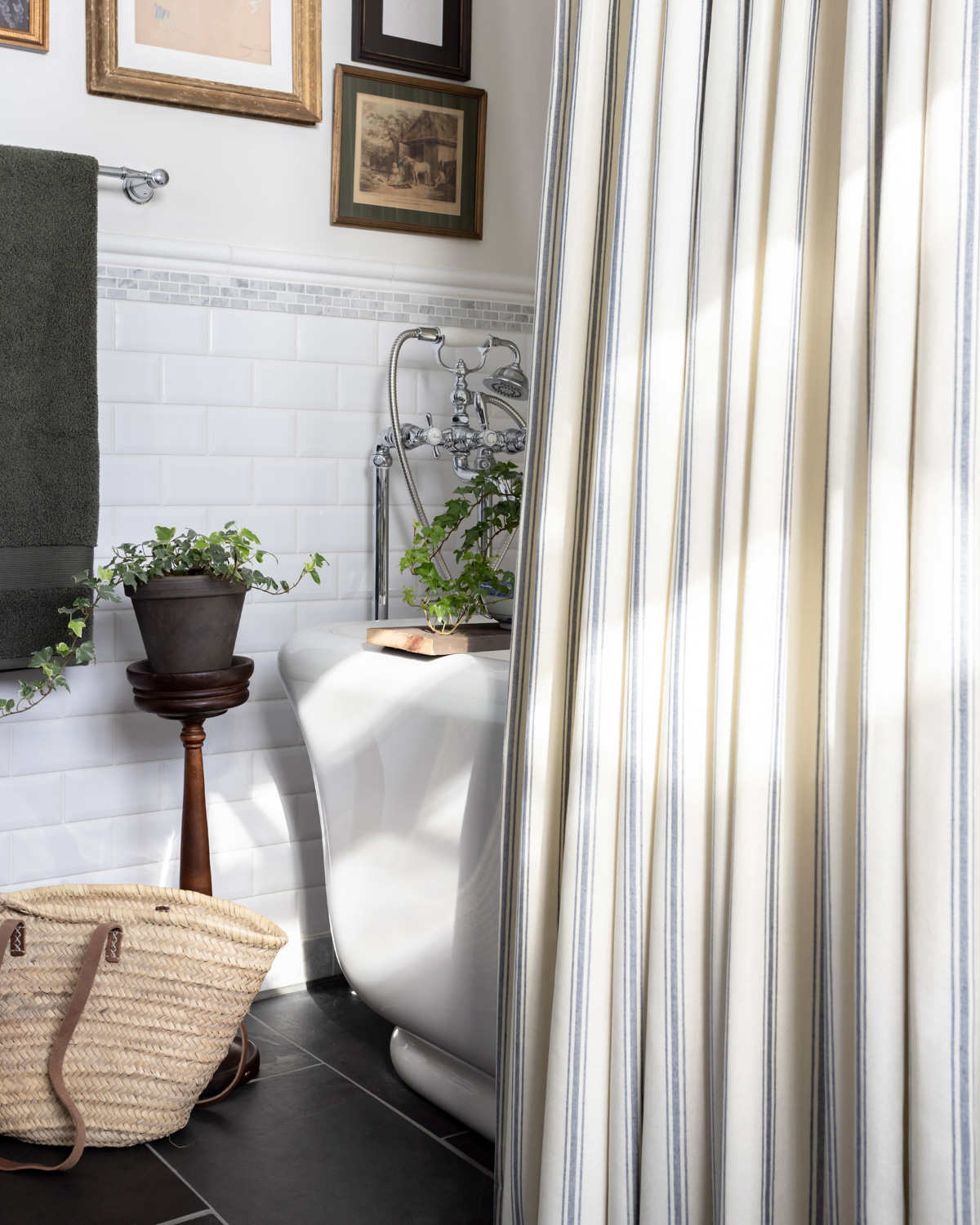 Ticking stripe custom shower curtains from Neutral Curtains in our ensuite.