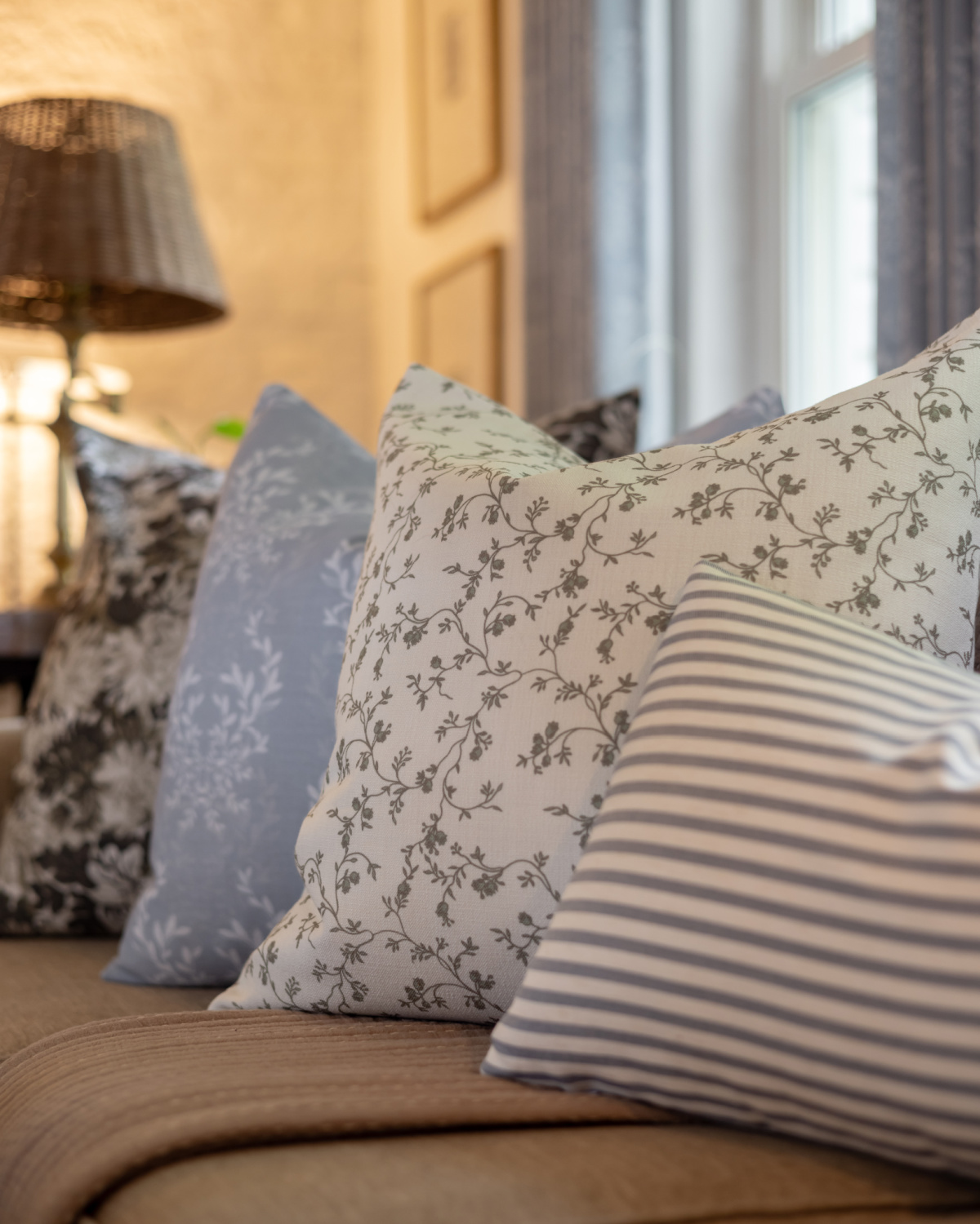 Pillows to match our blue draperies from Two Pages.