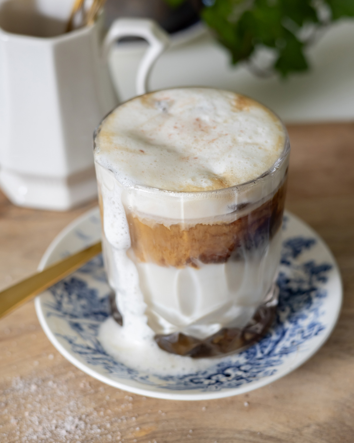 A beautifully layered iced coffee beverage.