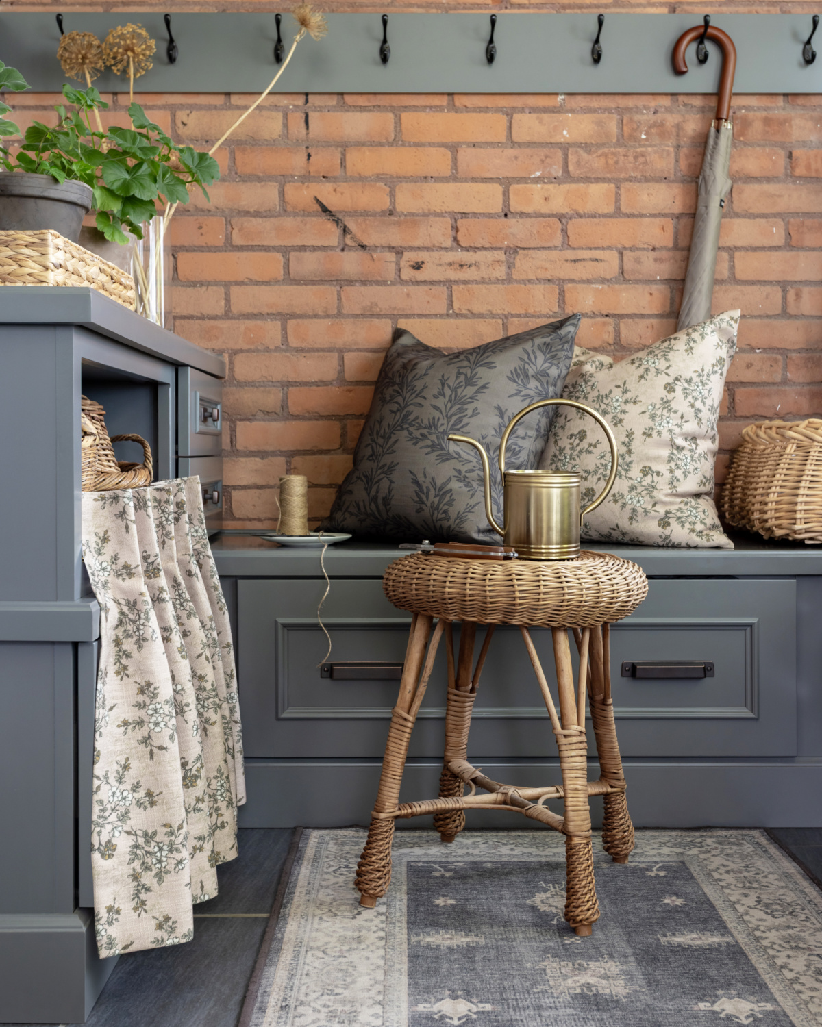 Floral skirted cabinet in our mudroom.