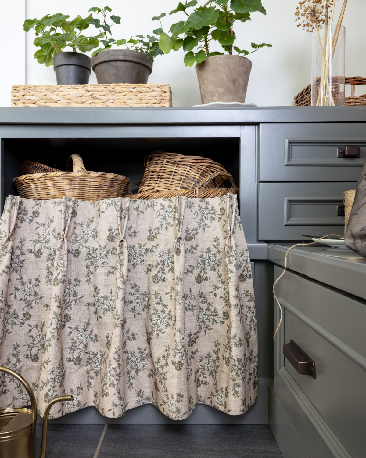 Skirted cabinet using a Two Pages cafe curtain in Vintage Linen.