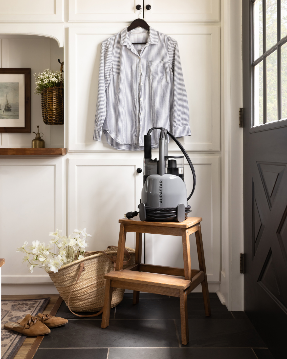A shirt hanging in my back hall mudroom with the Laurastar IZZI Plus.
